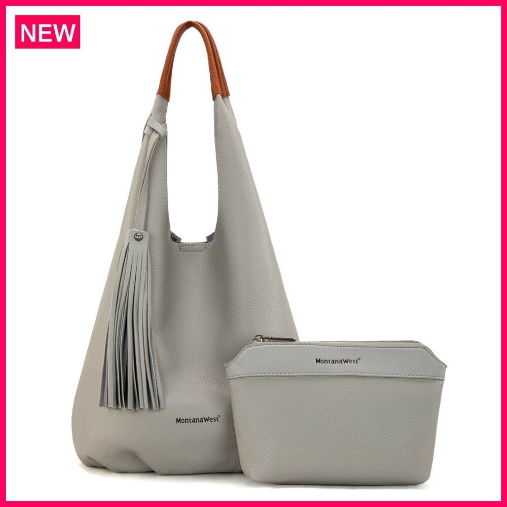 Slouchy Hobo Handbag with Tassels and Cosmetic Bag, Vegan Leather